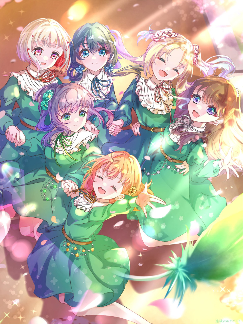 6+girls :d ^_^ belt blonde_hair blue_eyes blue_flower blue_hair brown_belt brown_hair closed_eyes colored_inner_hair commentary_request crossed_bangs dakishimeru_hanabira_(love_live!) dark_blue_hair dress everyone feathers flower from_above fujishima_megumi gradient_hair green_dress green_eyes green_feathers green_flower green_ribbon grey_hair grey_ribbon hair_bun hair_flower hair_ornament highres hinoshita_kaho holding_hands juliet_sleeves jumping lens_flare light_blue_hair link!_like!_love_live! long_hair long_sleeves looking_at_another looking_at_viewer love_live! low_twintails medium_hair multicolored_hair multiple_girls murano_sayaka neck_ribbon open_mouth orange_hair orange_ribbon osawa_rurino otomune_kozue parted_bangs pink_eyes pink_flower puffy_long_sleeves puffy_sleeves purple_eyes purple_hair red_hair red_ribbon ribbon sakari_(pear_8_ll) short_hair side_ponytail sidelocks single_side_bun smile sparkle split_mouth streaked_hair twintails two_side_up virtual_youtuber yellow_flower yugiri_tsuzuri