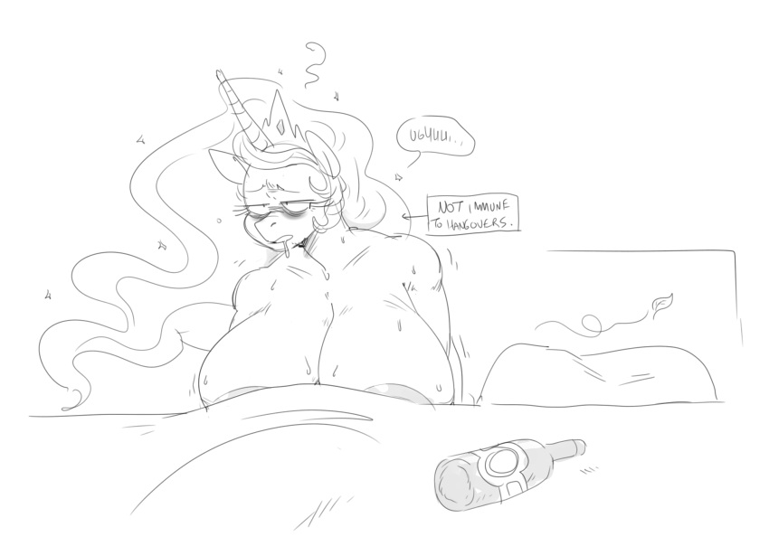 2023 anthro anthrofied areola bed beer_bottle big_areola big_breasts black_and_white bodily_fluids bottle breasts container crown drooling english_text equid equine ethereal_hair eyelashes female friendship_is_magic furniture hasbro headgear hi_res horn huge_areola huge_breasts hungover mammal mhdrawin monochrome my_little_pony mythological_creature mythological_equine mythology nude on_bed princess_celestia_(mlp) saliva sketch snout solo sweat sweatdrop text tiara under_covers unicorn unicorn_horn