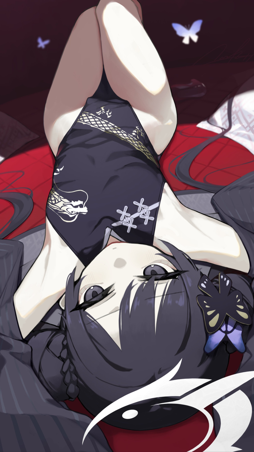 1girl absurdres black_eyes blue_archive bug butterfly china_dress chinese_clothes commentary double_bun dress flat_chest hair_bun halo highres kisaki_(blue_archive) loah_66 long_hair lying on_back symbol-only_commentary thigh_gap