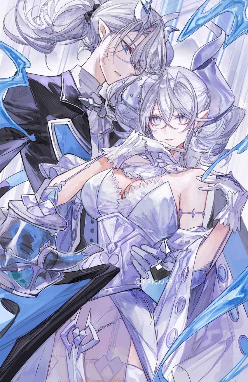 2girls absurdres arias_the_labrynth_butler blue_eyes breasts butler cleavage commentary_request demon_girl demon_horns demon_wings dress duel_monster female_butler gloves grey_eyes grey_hair highres horns large_breasts long_hair lovely_labrynth_of_the_silver_castle low_wings monocle multiple_girls naoki_(2rzmcaizerails6) pointy_ears smile tail twintails twitter_username white_hair wings yu-gi-oh!