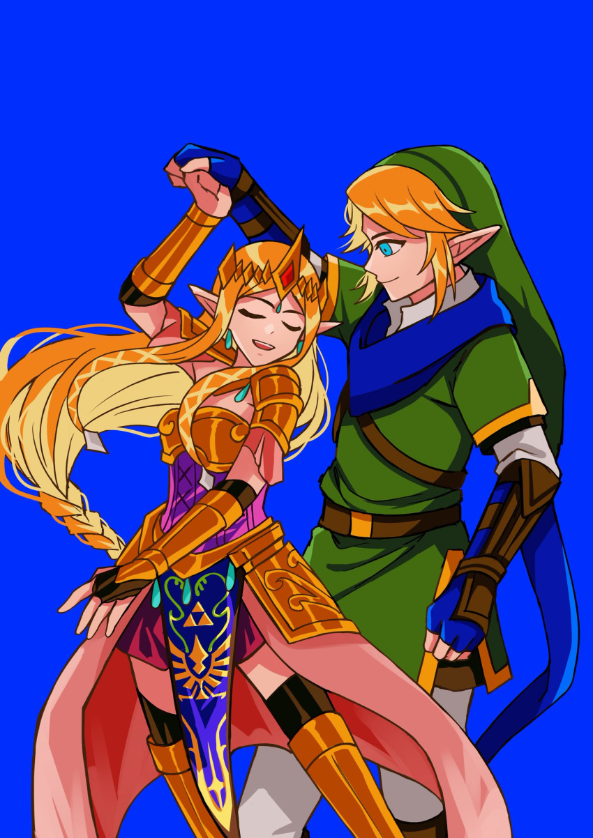 1boy 1girl armor armored_dress blonde_hair blue_background braid couple dancing fuwafuwallen gauntlets green_tunic hat highres holding_hands hyrule_warriors link long_hair pointy_ears princess princess_zelda simple_background the_legend_of_zelda tunic