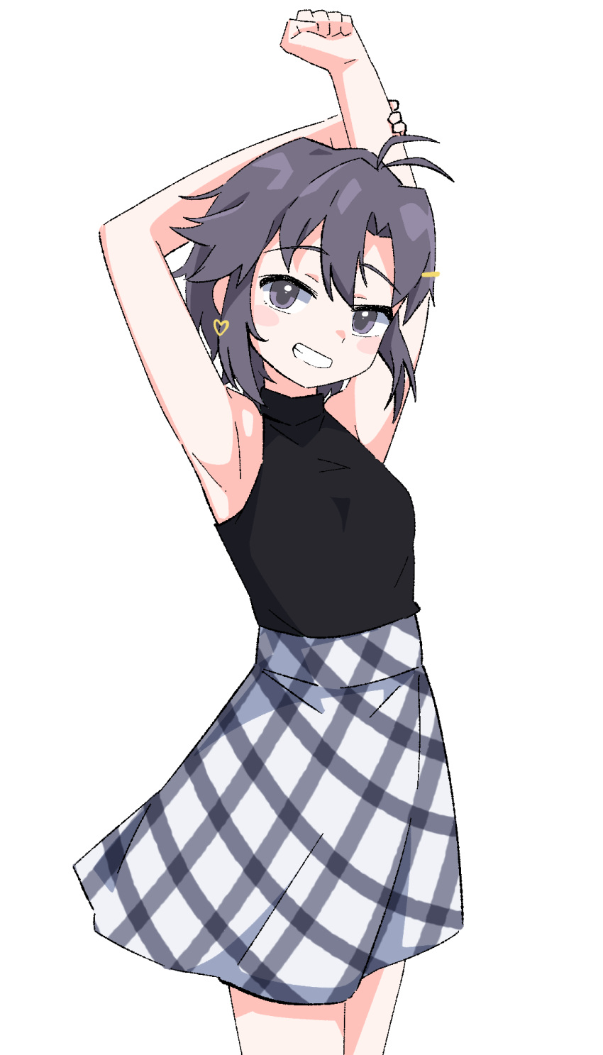 1girl antenna_hair armpits arms_up bare_shoulders black_shirt blush breasts cowboy_shot dot_nose dress flipped_hair furrowed_brow hair_between_eyes hair_ornament hairpin heart-shaped_ornament highres holding_own_arm idolmaster idolmaster_(classic) idolmaster_million_live! idolmaster_million_live!_theater_days looking_at_viewer official_alternate_costume ohgi910 open_mouth plaid plaid_skirt shirt short_hair sidelocks simple_background skirt sleeveless sleeveless_dress small_breasts solo teeth thighs tomboy very_short_hair white_background