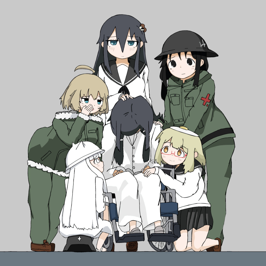 52_1hz 6+girls absurdres ahoge animal_hat black_eyes black_sailor_collar blonde_hair blue_eyes brodie_helmet cat_hat chito_(shoujo_shuumatsu_ryokou) coat combat_helmet creator_connection crossover egg_hair_ornament egg_yolk fine_art_parody food food-themed_hair_ornament food_on_head fried_egg glasses green_coat green_pants hair_ornament hand_on_another's_head hat head_bowed helmet highres jitome kneeling lab_coat military_uniform multiple_girls mushroom object_on_head pants parody pleated_skirt red-framed_eyewear sailor_collar semi-rimless_eyewear shimeji_simulation shoujo_shuumatsu_ryokou skirt the_gardener_(shimeji_simulation) tsukishima_shijima tsukishima_shijima's_sister uniform wheelchair white_hair yuuri_(shoujo_shuumatsu_ryokou)