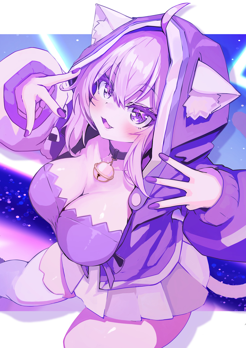 1girl ahoge alternate_costume animal_ear_fluff animal_ears bell blush breasts cat_ears cat_girl cat_tail choker cleavage fang highres hololive hood hoodie jingle_bell kajimakoto large_breasts looking_at_viewer nail_polish neck_bell nekomata_okayu open_clothes open_hoodie open_mouth pink_skirt purple_choker purple_eyes purple_hair purple_hoodie purple_nails skirt smile solo tail virtual_youtuber