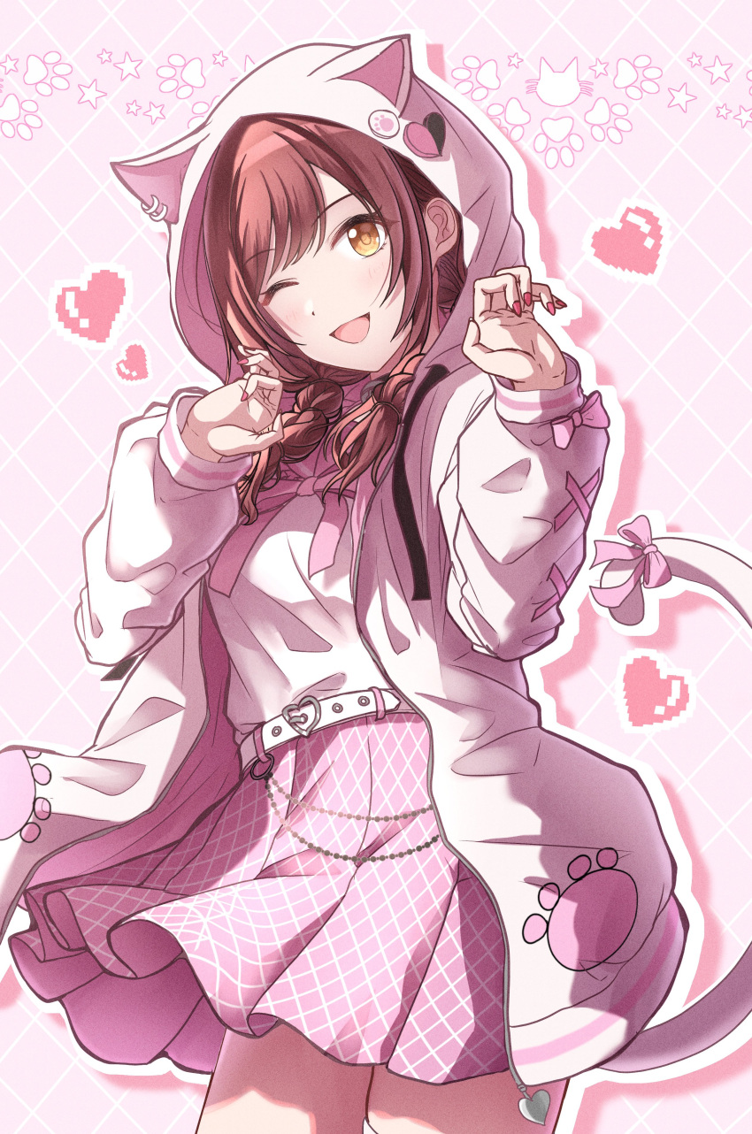 1girl ;d absurdres animal_ears animal_hood belt blush braid cat_ears cat_hood citrusmikan highres hood hood_up hoodie idolmaster idolmaster_shiny_colors long_hair long_sleeves looking_at_viewer nail_polish official_alternate_costume official_alternate_hairstyle one_eye_closed open_mouth osaki_amana pin pink_skirt pleated_skirt red_hair skirt smile solo standing swept_bangs twin_braids white_belt white_hoodie yellow_eyes