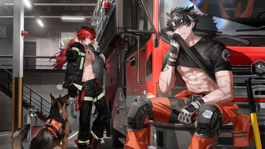1other 2boys black_gloves black_hair black_pants black_shirt clothes_lift commentary diluc_(genshin_impact) dog earrings english_commentary fek_zin firefighter firefighter_jacket genshin_impact german_shepherd gloves hair_between_eyes highres holding holding_phone jacket jewelry long_hair male_focus midriff motor_vehicle multicolored_hair multiple_boys muscular muscular_male navel orange_pants pants phone red_eyes red_hair scar shirt shirt_lift short_hair stomach streaked_hair truck wriothesley_(genshin_impact)