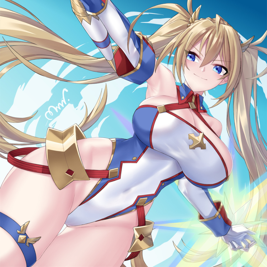 1girl armor bare_shoulders blonde_hair blue_eyes blue_gloves blue_leotard blue_sky blush bradamante_(fate) bradamante_(first_ascension)_(fate) braid breasts cleavage covered_navel crown_braid elbow_gloves energy_barrier energy_shield fate/grand_order fate_(series) faulds gloves highleg highleg_leotard highres large_breasts leotard long_hair looking_to_the_side mrnn scepter sky smile solo thigh_strap thighs twintails two-tone_gloves two-tone_leotard very_long_hair white_gloves white_leotard