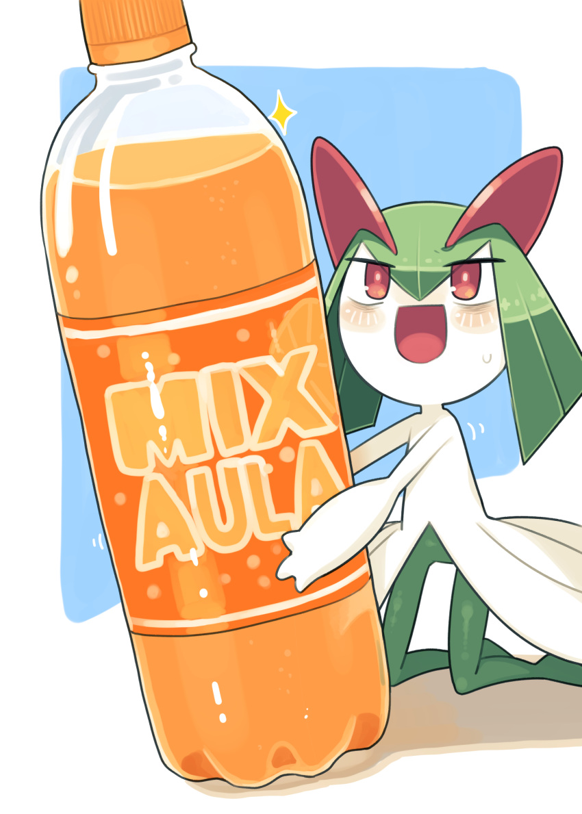 bags_under_eyes blue_background colored_skin green_hair highres horns ino_(tellu0120) kirlia minimized multicolored_skin open_mouth pink_eyes pokemon pokemon_(creature) sidelocks simple_background soda soda_bottle sparkle sweatdrop two-tone_skin white_skin