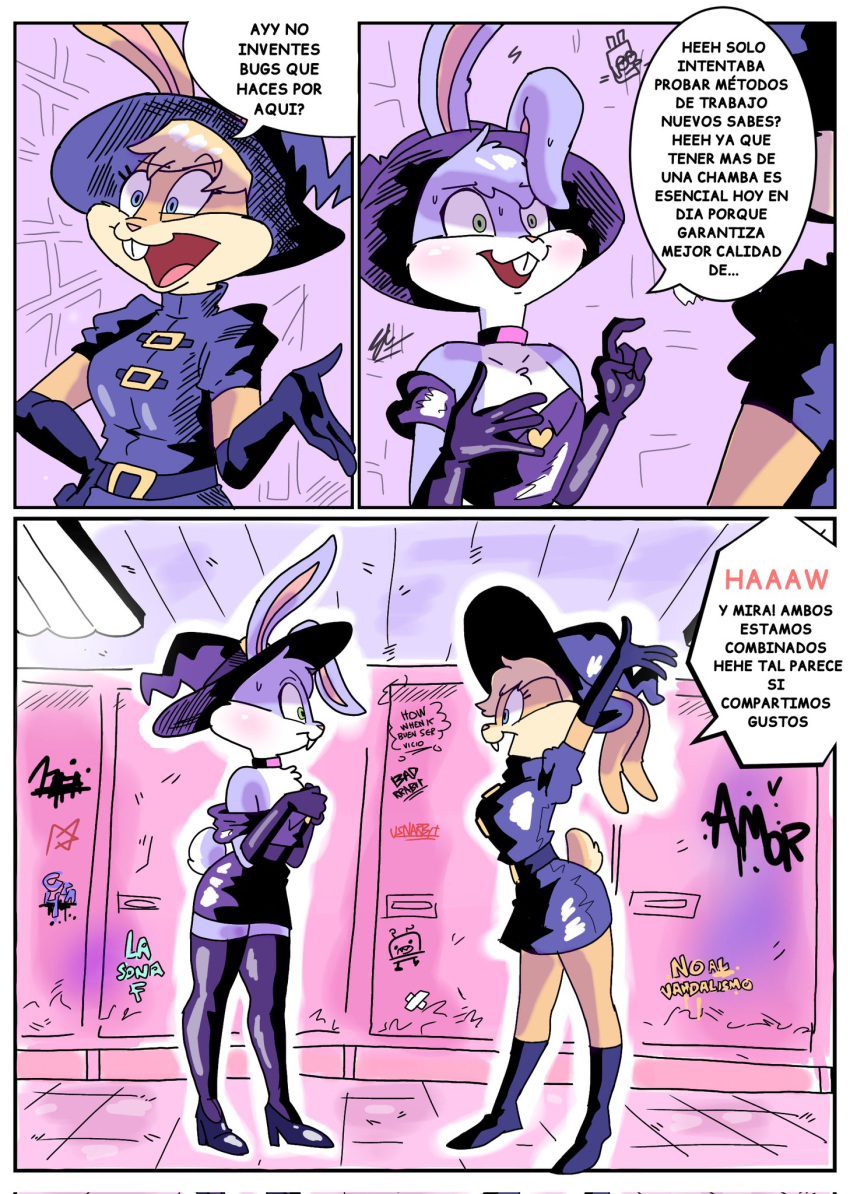 absolute_territory anthro bare_shoulders bathroom buckteeth bugs_bunny clothed clothing comic crossdressing duo ears_down ears_through_headwear eye_contact eyelashes female girly hat headgear headwear hi_res lagomorph leporid lola_bunny looking_at_another looney_tunes male mammal nervous_smile pivoted_ears rabbit renita_reed smile spanish_text speech_bubble teeth text translation_request warner_brothers witch_costume witch_hat