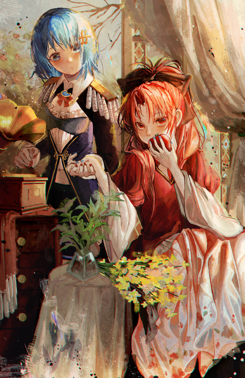 2girls absurdres alternate_costume apple ascot black_shrug blue_eyes blue_hair blue_jacket blue_nails bouquet branch collared_shrug commentary coumibuzzbuzz covered_mouth curtains drawer dress english_commentary epaulettes feet_out_of_frame flower food frills fruit hair_ornament hair_over_shoulder highres holding holding_food holding_fruit holding_hands jacket long_hair looking_at_another looking_at_viewer mahou_shoujo_madoka_magica mahou_shoujo_madoka_magica_(anime) miki_sayaka multicolored_nails multiple_girls musical_note musical_note_hair_ornament nail_polish parted_bangs parted_lips phonograph plant ponytail red_ascot red_dress red_eyes red_hair red_nails sakura_kyoko short_hair shrug_(clothing) sitting skirt standing tablecloth vase white_skirt wide_sleeves yellow_flower