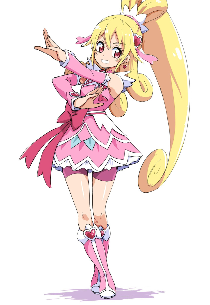 1girl aida_mana bike_shorts boots bow contrapposto cure_heart curly_hair detached_sleeves dokidoki!_precure dress full_body grin hair_between_eyes heart highres layered_dress long_hair looking_to_the_side magical_girl pink_dress pink_eyes pink_footwear pink_shorts ponytail precure shorts sidelocks smile solo uraki very_long_hair white_background