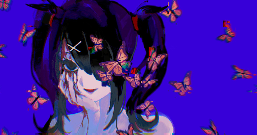 1girl ame-chan_(needy_girl_overdose) bare_shoulders black_hair bleeding blood blood_on_face blue_background bug butterfly close-up glitch hair_ornament hand_on_own_face highres looking_at_viewer mizureito needy_girl_overdose smile solo twintails x_hair_ornament