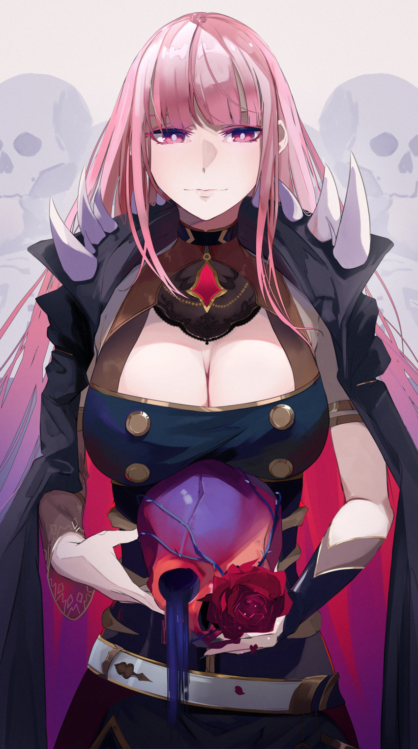 1girl :| absurdres armlet belt black_cape black_dress breasts brooch buttons cape cleavage closed_mouth detached_sleeves dress flower gauntlets highres holding holding_skull hololive hololive_english jewelry large_breasts light_smile looking_at_viewer mori_calliope mori_calliope_(1st_costume) moyomo pink_eyes pink_hair red_flower red_rose roots rose see-through see-through_sleeves shoulder_spikes single_sleeve skull solo spiked_cape spikes virtual_youtuber