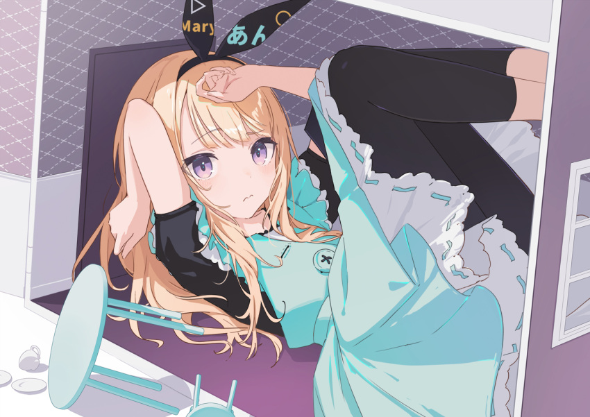 1girl alice_(alice_in_wonderland) alice_in_wonderland aqua_apron arms_up black_hairband black_leggings black_shirt blonde_hair bow_hairband buttons chair commentary cup door dress english_text feet_out_of_frame hairband house leggings legs_up long_hair looking_at_viewer lying on_back pinafore_dress puffy_short_sleeves puffy_sleeves purple_eyes raised_eyebrow shirt short_sleeves sleeveless sleeveless_dress solo swept_bangs table teacup wakuseiy wavy_mouth window
