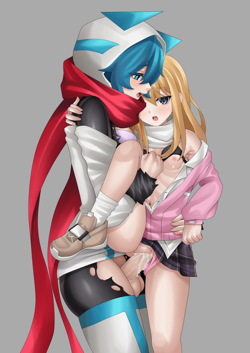 2girls absurdres bardanv3 bare_shoulders blonde_hair blue_eyes blue_hair bodystocking boots bra breasts chrono_ark clothed_sex collared_shirt commission commissioner_upload crossover cum cum_in_pussy futanari highres jacket leg_lift long_hair lucy_(chrono_ark) medium_hair multiple_girls navel non-web_source one_step_from_eden open_clothes open_mouth panties scarf selicy_(one_step_from_eden) sex shirt shoes simple_background small_breasts sneakers socks standing standing_on_one_leg standing_sex tears thigh_boots thighs torn_clothes underwear vaginal