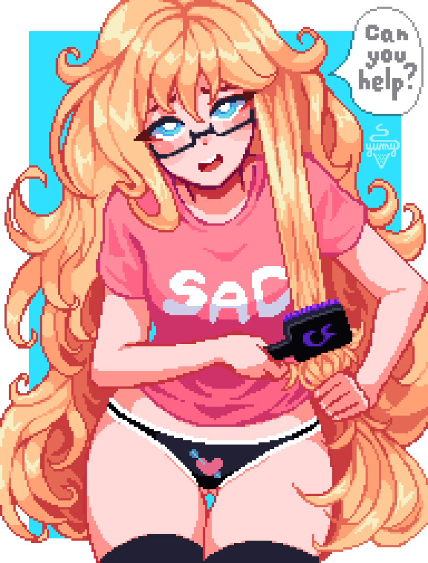 1girl absurdres artist_name black_thighhighs blonde_hair blue_background blue_eyes blush brushing_hair cowboy_shot english_text glasses highres holding holding_brush kana_fujisawa long_hair looking_at_viewer no_pants open_mouth pink_shirt pixel_art shirt simple_background solo speech_bubble t-shirt thighhighs yumykon yumyverse