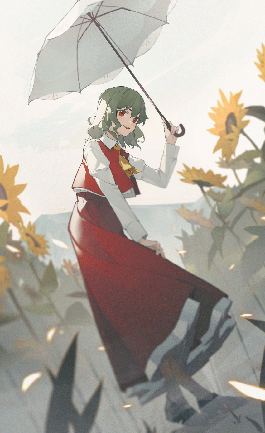 1girl absurdres ascot collared_shirt commentary dutch_angle field flower flower_field full_body green_hair hand_up highres holding holding_umbrella kazami_yuuka long_skirt long_sleeves looking_at_viewer medium_hair open_mouth outdoors qizhongji red_eyes red_skirt red_vest shirt skirt sky smile socks solo sunflower sunflower_field touhou umbrella vest white_footwear white_shirt white_sky white_socks yellow_ascot