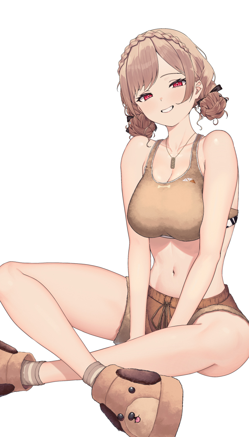 1girl absurdres amatou_(ko_me_9) animal_print bare_shoulders between_legs braid breasts brown_footwear brown_hair brown_shorts brown_socks brown_sports_bra butterfly_sitting cleavage collarbone commentary_request cropped_legs crown_braid dog_tags furen_e_lustario furen_e_lustario_(5th_costume) hand_between_legs highres large_breasts looking_at_viewer midriff navel nijisanji parted_bangs red_eyes short_shorts shorts simple_background sitting smile socks solo sports_bra thighs virtual_youtuber white_background