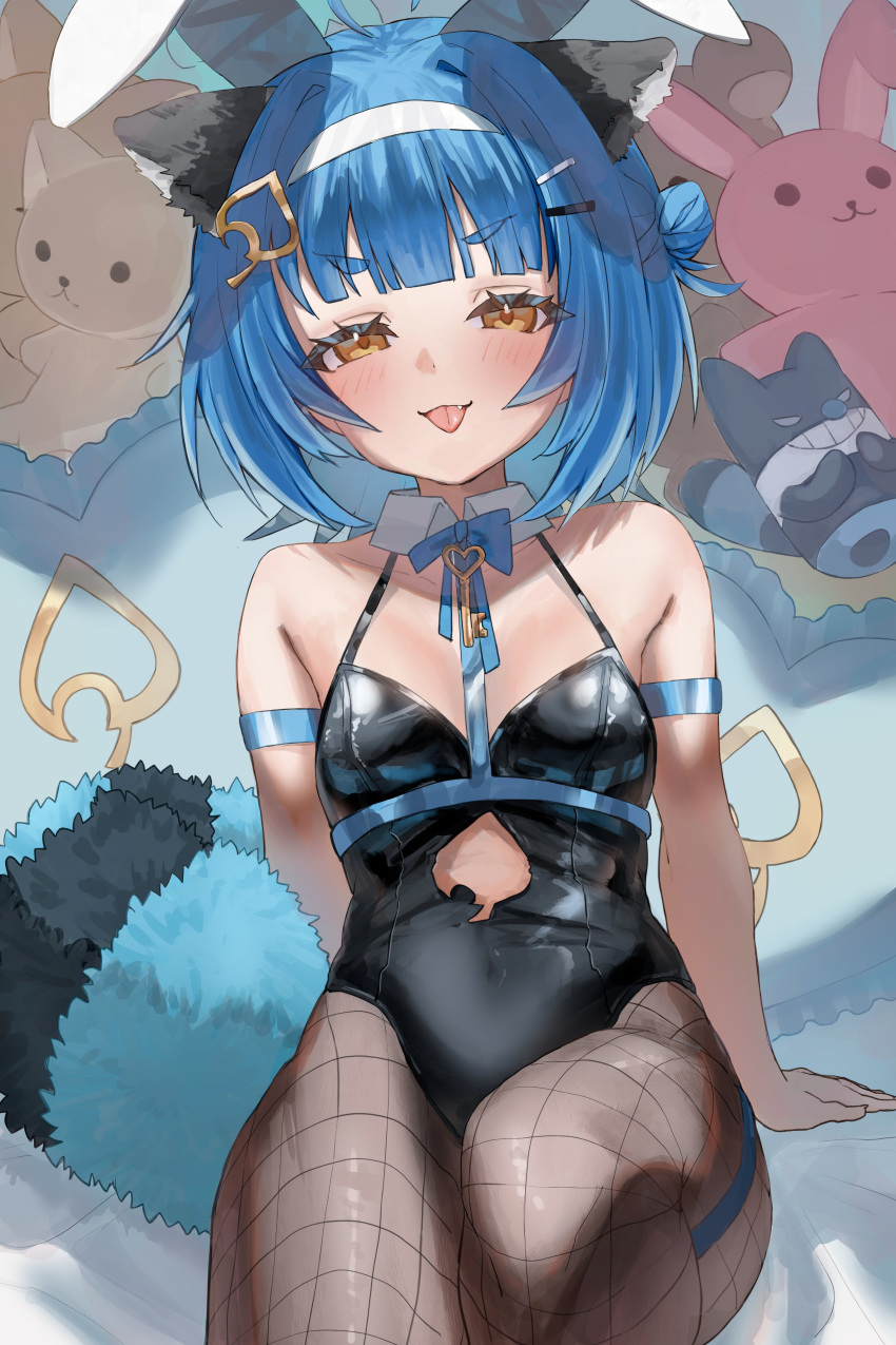 1girl absurdres ahoge animal_ears arm_strap arms_behind_back bare_shoulders black_leotard black_tail blue_bow blue_bowtie blue_hair blue_tail blunt_bangs bob_cut bow bowtie breasts brown_eyes byou_(vfyk8337) chest_strap clothing_cutout commentary covered_navel cutout_above_navel detached_collar fake_animal_ears fang fishnet_pantyhose fishnets hair_ornament hairband hairclip heart heart-shaped_pillow highres idol_corp key leotard multicolored_eyes pantyhose pillow playboy_bunny poko_rakun rabbit_ears raccoon_ears raccoon_girl raccoon_tail short_hair sitting small_breasts solo stuffed_animal stuffed_toy tail thigh_strap tongue tongue_out underbust virtual_youtuber white_hairband yellow_eyes