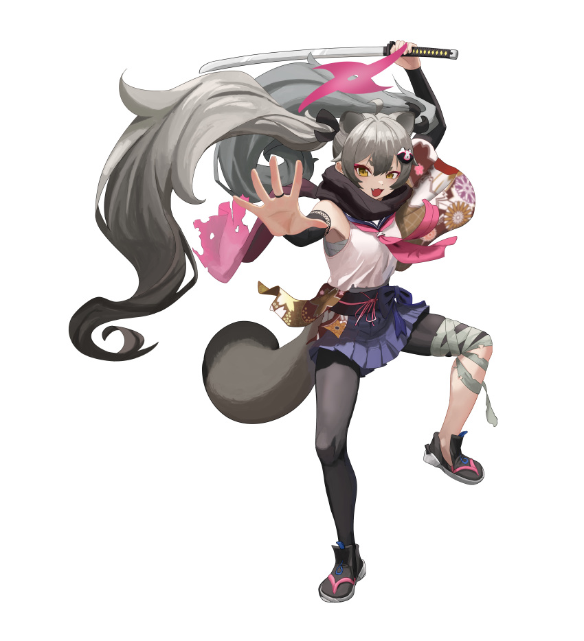 1girl :d absurdres animal_ears arm_up asymmetrical_legwear black_footwear black_pantyhose black_scarf blue_archive blue_sailor_collar blue_skirt breasts brown_eyes commentary fang full_body grey_hair hair_between_eyes halo highres holding holding_sword holding_weapon katana mask mask_on_head michiru_(blue_archive) neckerchief nolyeokman pantyhose pink_neckerchief pink_scarf pleated_skirt raccoon_ears raccoon_girl raccoon_tail sailor_collar sarashi scarf shirt shoes short_eyebrows simple_background skirt sleeveless sleeveless_shirt small_breasts smile solo standing sword tail thick_eyebrows torn_clothes torn_scarf weapon white_background white_shirt