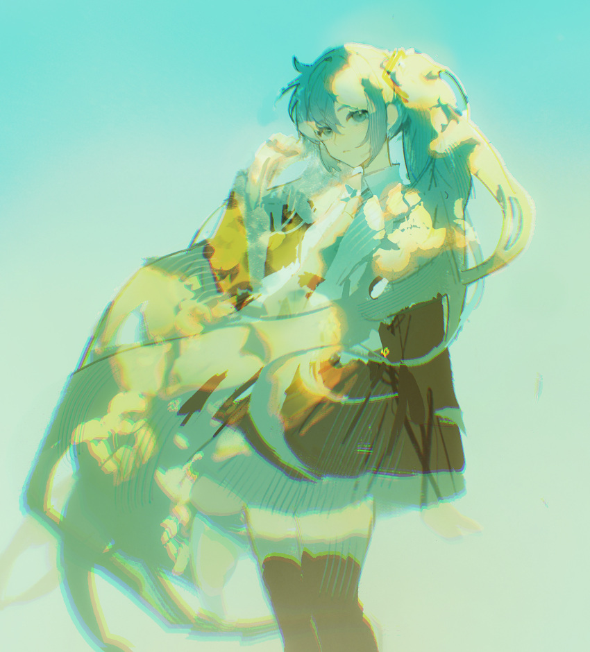 1girl black_skirt black_thighhighs blue_background blue_eyes blue_hair blue_shirt chromatic_aberration collared_shirt dappled_sunlight escapeeverytime expressionless feet_out_of_frame floating_hair from_side hair_between_eyes hand_up hatsune_miku highres long_hair looking_at_viewer shirt simple_background sketch skirt solo standing striped_clothes striped_skirt sunlight thighhighs twintails vocaloid