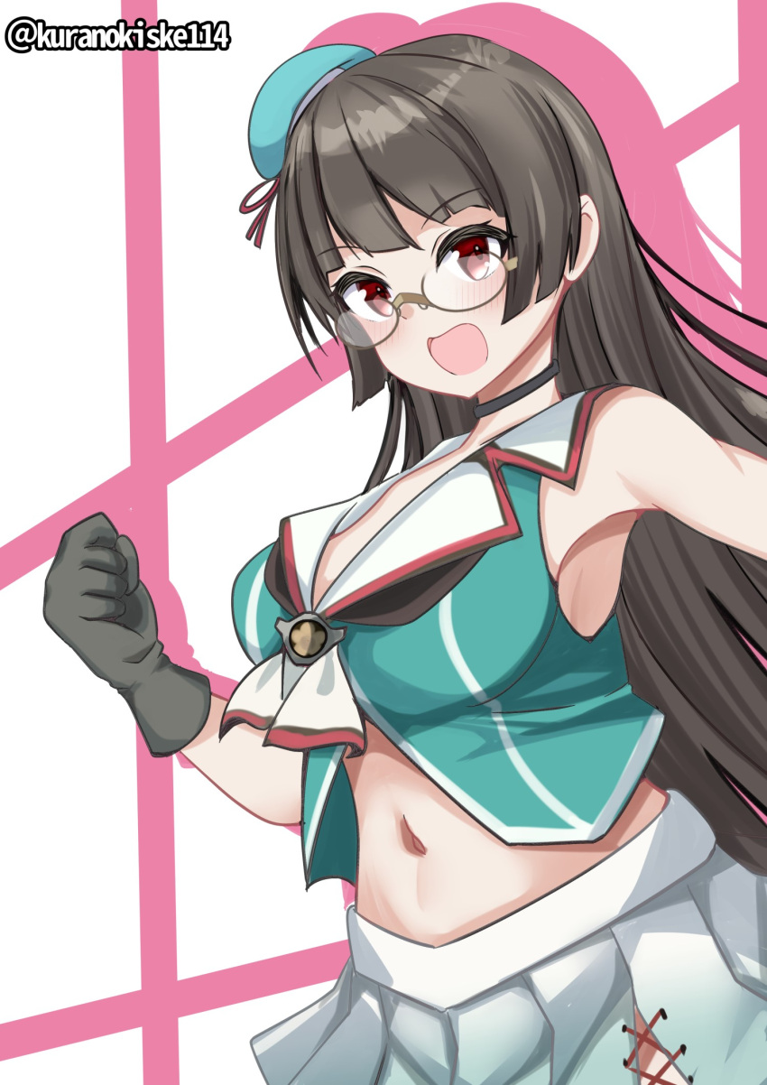 1girl aqua_hat beret black_gloves black_hair blush breasts choukai_(kancolle) choukai_kai_ni_(kancolle) cleavage glasses gloves hair_ornament hat headgear highres kantai_collection kurano_kisuke large_breasts long_hair looking_at_viewer midriff mini_hat navel open_mouth pleated_skirt red_eyes rimless_eyewear school_uniform serafuku shirt short_hair skirt sleeveless sleeveless_shirt smile solo twitter_username white_skirt