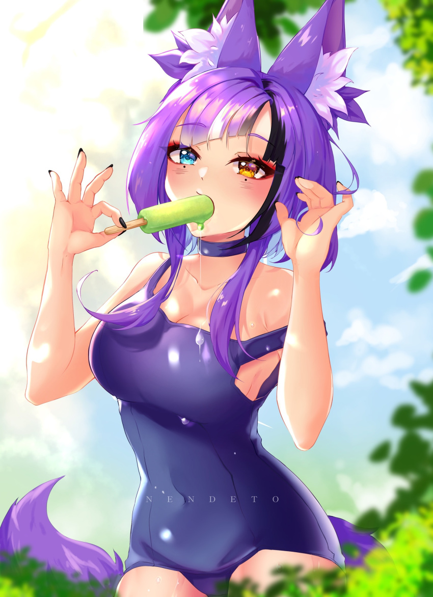 1girl animal_ear_fluff animal_ears artist_name awful_queen_(vtuber) bad_source black_nails breasts food food_in_mouth fox_ears fox_girl fox_tail heterochromia highres indie_virtual_youtuber looking_at_viewer mole mole_under_eye multicolored_hair nendeto popsicle popsicle_in_mouth purple_hair swimsuit tail