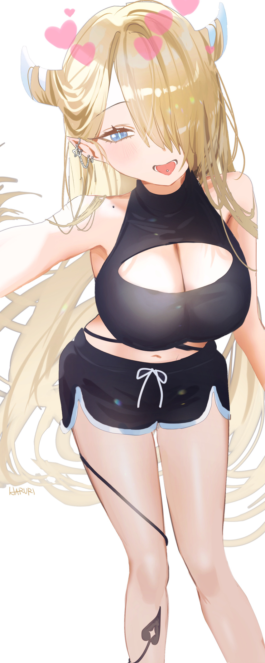 1girl absurdres asymmetrical_bangs black_footwear black_shirt blonde_hair blush breasts cleavage cleavage_cutout clothing_cutout demon_tail dolphin_shorts ear_piercing feet_out_of_frame hair_over_one_eye haruri heart highres large_breasts long_hair looking_at_viewer mole mole_on_shoulder one_eye_covered original piercing pointy_ears shirt shorts simple_background smile solo tail tail_around_own_leg tongue_piercing very_long_hair white_background