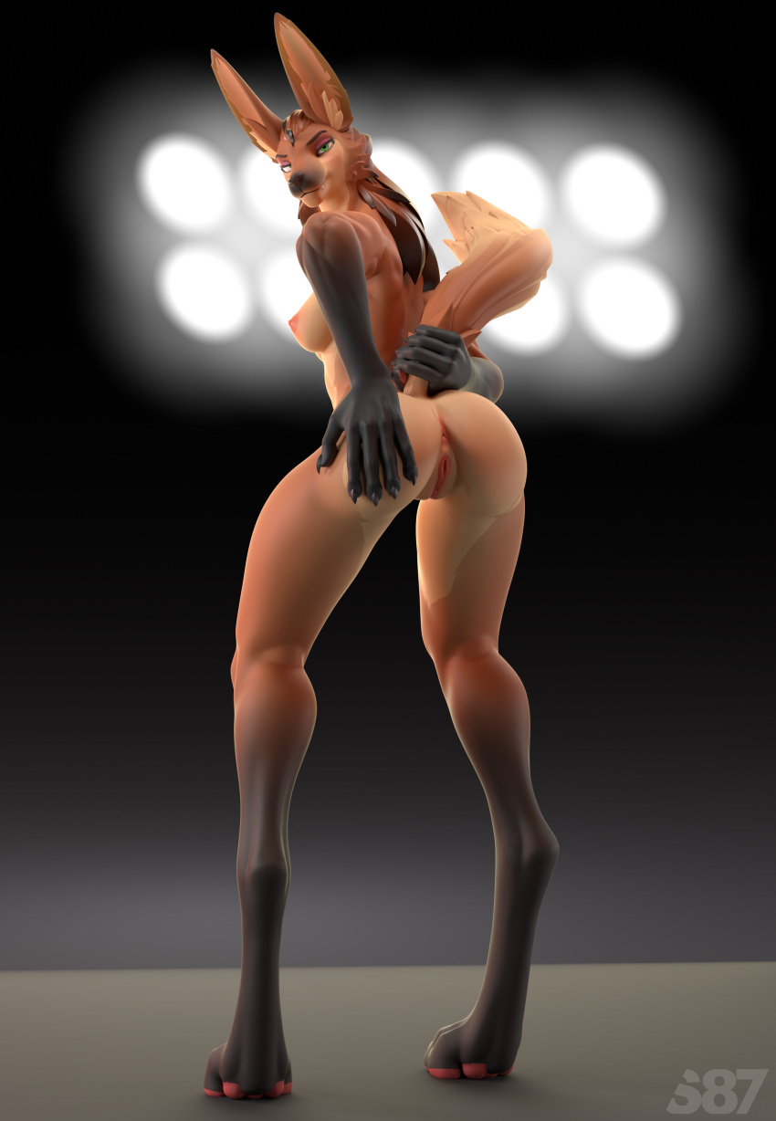 3d_(artwork) 5_fingers absurd_res anthro anus areola artist_logo artist_name biped black_body black_claws black_eyebrows black_nose breasts brown_hair butt canid canine claws digital_media_(artwork) eyebrows fangs female fingers fox fur genitals green_eyes hair hand_on_butt hand_on_tail hi_res logo looking_at_viewer looking_back mammal narrowed_eyes nipples nude orange_body orange_fur orange_hair orange_tail pawpads paws pink_anus pink_areola pink_nipples pink_pawpads pink_pussy presenting presenting_hindquarters pupils pussy raised_tail s87 seductive simple_background solo standing tail tan_body tan_breasts teeth