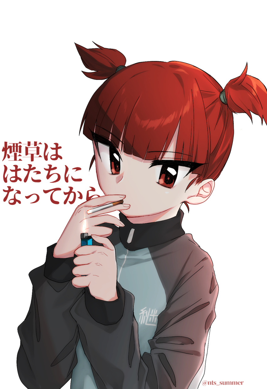 1girl blue_jacket blunt_bangs cigarette girls_und_panzer hair_tie highres holding holding_cigarette jacket keizoku_military_uniform lighting_cigarette long_sleeves looking_at_viewer mikko_(girls_und_panzer) military_uniform natsusa_(nts_summer) raglan_sleeves red_eyes red_hair short_hair short_twintails simple_background smoking solo track_jacket translated twintails twitter_username uniform white_background