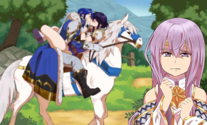 1boy 2girls :/ absurdres armor black_hair blurry blurry_background breastplate brother_and_sister closed_eyes commission commissioner_upload couple fire_emblem fire_emblem:_genealogy_of_the_holy_war hands_on_another's_face headband highres horse horseback_riding julia_(fire_emblem) kiss larcei_(fire_emblem) leg_lock long_hair looking_at_viewer multiple_girls purple_tunic reins riding rock rs40uchiha saddle seliph_(fire_emblem) short_hair shoulder_armor siblings straddling trail tree tunic upright_straddle white_headband white_horse