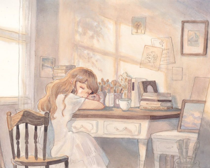 1girl book book_stack carrie_(carriedraw) chair closed_eyes commentary cup desk dress dusk highres indoors light_brown_hair long_hair original paintbrush sitting sleeping solo twilight white_dress window window_shadow