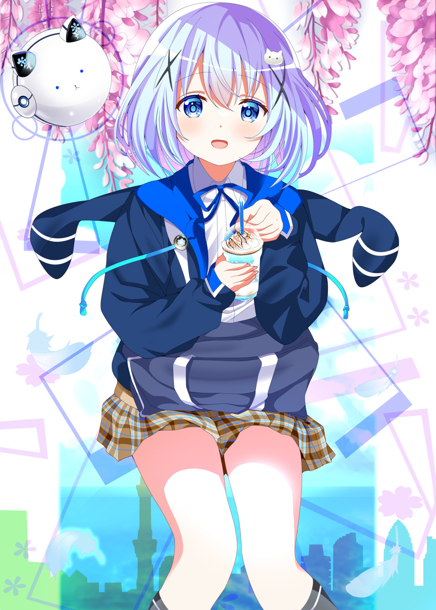 1girl :d black_socks blue_eyes blue_hair blue_jacket blue_ribbon brown_skirt collared_shirt dress_shirt drinking_straw gochuumon_wa_usagi_desu_ka? hair_ornament highres holding hood hood_down hooded_jacket jacket kafuu_chino kohakugin long_sleeves looking_at_viewer miniskirt neck_ribbon open_clothes open_jacket open_mouth plaid plaid_skirt pleated_skirt rabbit_hair_ornament ribbon shirt short_hair sitting skirt smile socks solo tippy_(gochiusa) white_shirt wing_collar x_hair_ornament