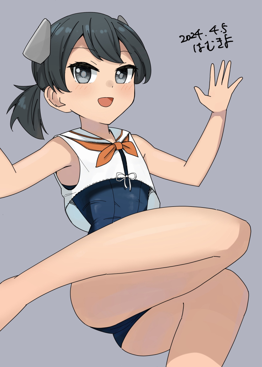 1girl artist_name black_hair blue_one-piece_swimsuit crop_top dated feet_out_of_frame grey_background grey_eyes hamukiyo headgear highres i-41_(kancolle) kantai_collection low_ponytail neckerchief one-piece_swimsuit orange_neckerchief sailor_collar sailor_shirt school_swimsuit shirt short_hair simple_background sleeveless sleeveless_shirt solo swimsuit swimsuit_under_clothes white_sailor_collar white_shirt