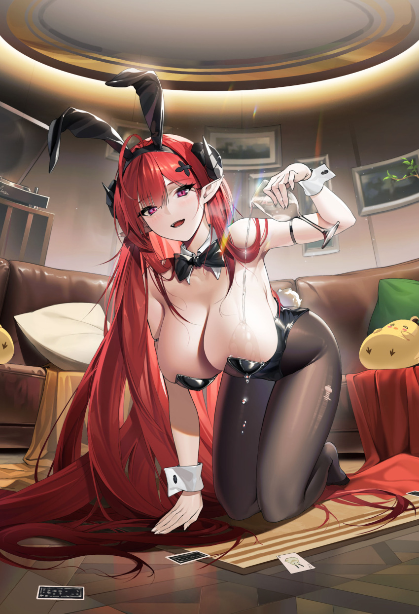 1girl absurdres animal_ears azur_lane bare_shoulders black_horns black_leotard breasts couch curled_horns fake_animal_ears highres hindenburg_(azur_lane) hindenburg_(delirious_duel)_(azur_lane) horns large_breasts leotard long_hair looking_at_viewer manjuu_(azur_lane) najiu_jiao_xiaolan_ba official_alternate_costume pantyhose playboy_bunny pointy_ears pouring pouring_onto_self rabbit_ears red_eyes red_hair solo strapless strapless_leotard very_long_hair