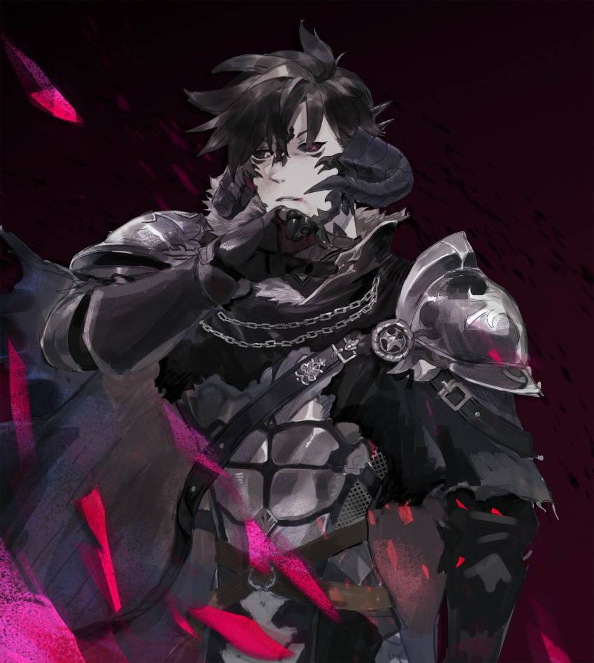 1boy absurdres armor au_ra black_cape black_hair black_sclera breastplate cape colored_sclera final_fantasy final_fantasy_xiv gg_dal heterochromia highres horns looking_at_viewer male_focus pauldrons red_eyes shoulder_armor solo torn_cape torn_clothes warrior_of_light_(ff14) white_eyes