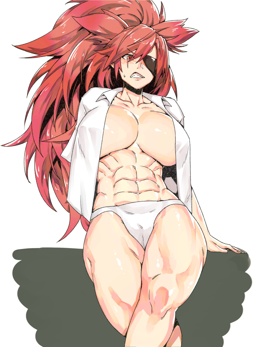 1girl abs absurdres amputee baiken blush breasts cleavage clenched_teeth collarbone collared_shirt eyepatch grimace guilty_gear hair_between_eyes high_ponytail highres large_breasts long_hair looking_at_viewer minew muscular muscular_female navel open_clothes open_mouth open_shirt panties ponytail red_eyes red_hair scar scar_across_eye scar_on_face shirt sidelocks simple_background solo stomach teeth thighs underwear white_background white_panties white_shirt