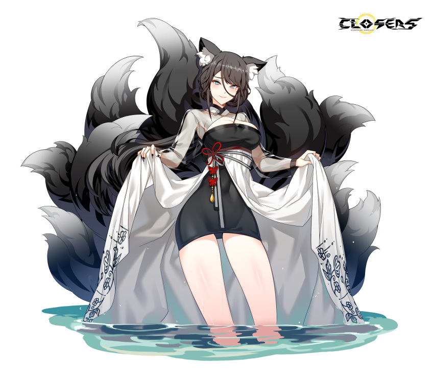 1girl alternate_hair_color animal_ear_fluff animal_ears black_dress black_hair black_sleeves black_tail blue_eyes breasts cleavage cleavage_cutout closed_mouth closers clothing_cutout copyright_name cowboy_shot dress fox_ears fox_girl fox_tail frown harpy_(closers) highres kitsune kyuubi large_breasts layered_dress logo long_hair long_sleeves looking_at_viewer low_ponytail mole mole_under_eye multiple_tails official_art overskirt see-through see-through_sleeves skirt_hold smile solo standing tail two-tone_dress very_long_hair wading water wet white_background white_dress