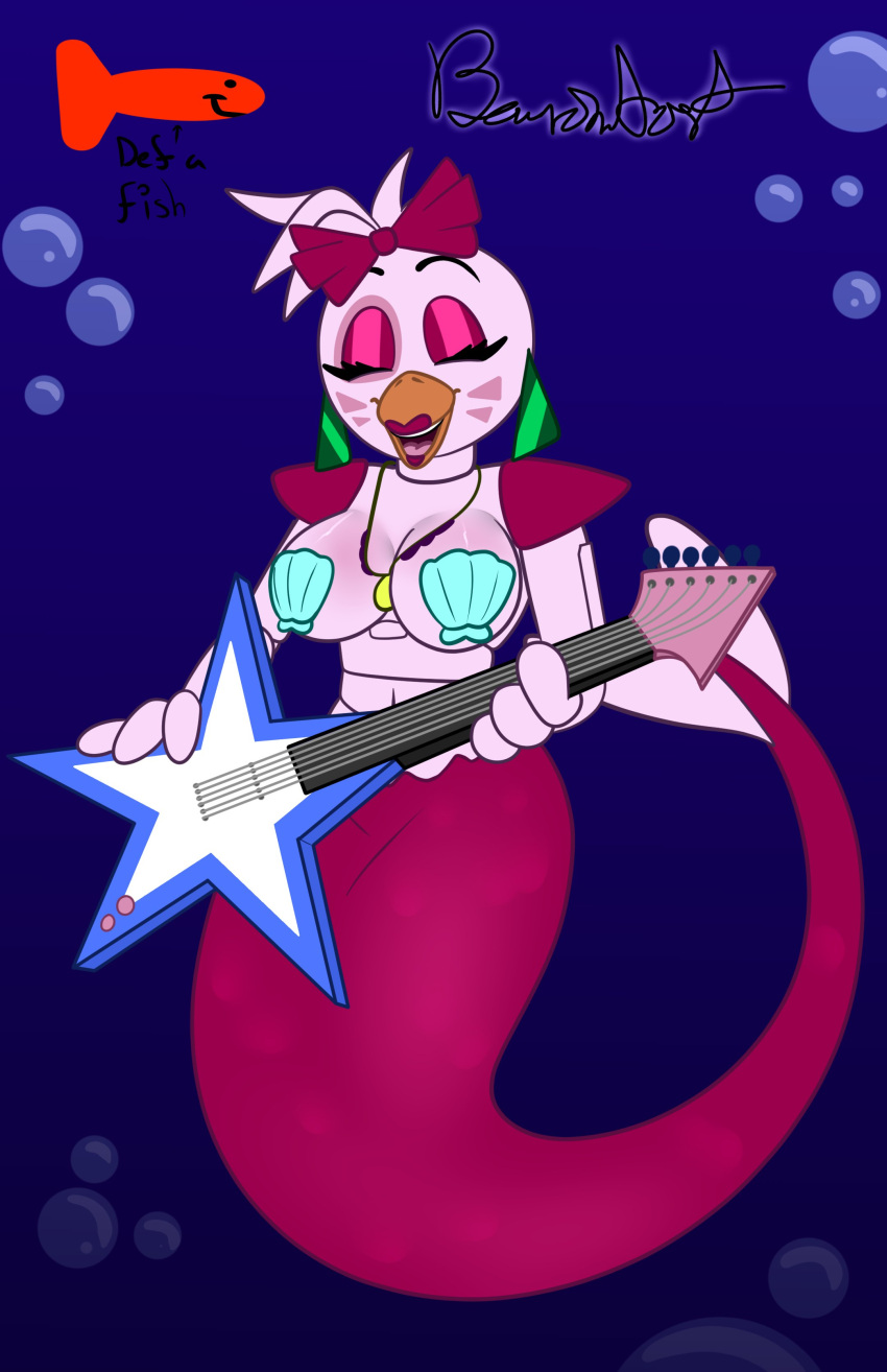 2023 absurd_res accessory animatronic anthro artist_name avian beanontoast big_breasts bird bow_ribbon bra breasts chicken clothing curvy_figure digital_drawing_(artwork) digital_media_(artwork) ear_piercing ear_ring electric_guitar eyelashes eyes_closed eyeshadow female fin five_nights_at_freddy's five_nights_at_freddy's:_security_breach galliform gallus_(genus) glamrock_chica guitar hair hair_accessory hair_bow hair_ribbon hi_res jewelry long_tail machine makeup marine merfolk mermaid_tail musical_instrument necklace open_mouth open_smile phasianid piercing pink_eyeshadow playing_guitar playing_music plucked_string_instrument ribbons ring_piercing robot scottgames seashell_bra segmented_arms segmented_body signature smile solo split_form steel_wool_studios string_instrument tail tail_fin underwater underwear voluptuous water white_body white_hair wide_hips