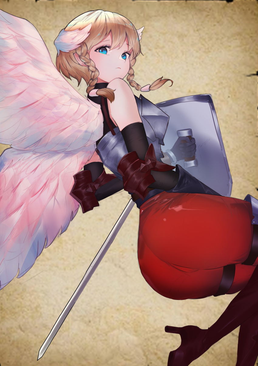 1girl absurdres angel angel_wings armor ass black_gloves black_sleeves blonde_hair blue_eyes braid breastplate closed_mouth detached_sleeves feathered_wings frown gloves head_wings high_heels highres holding holding_shield long_sleeves ochlys_(unicorn_overlord) pink_wings shield short_hair side_braids solo sword unicorn_overlord user_crdz4877 weapon wings