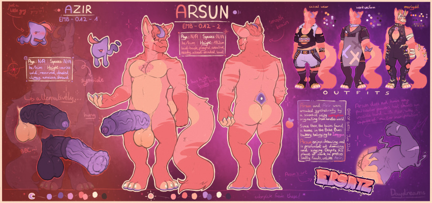absurd_res animal_genitalia animal_penis anthro apron arsun_(lewderdaydreams) asinus azir_(lewderdaydreams) balls bandage belt big_balls big_butt big_penis big_tail black_sclera bodily_fluids bottomwear butt claws cleavage_cutout clothing collar cross cutout donkey dragon duo eastern_dragon equid equine equine_genitalia equine_penis flared_penis fluffy food footwear foreskin front_view fruit fur fuzzy genitals goo_transformation graffiti hair hair_over_eye hair_over_eyes hi_res hood huge_penis jewelry legwear leotard lewderdaydreams looking_at_viewer lore male mammal markings mask model_sheet moon muscular mythological_creature mythological_scalie mythology necklace nude one_eye_obstructed orange_body orange_fur palette pawpads penis pink_body pink_fur plant prick_ears purple_body purple_eyes purple_fur purple_hair purple_pawpads raised_arm rear_view red_body red_fur red_hair scalie short_hair shorts simple_background smile snout socks solo_focus sparkles star stitch_(sewing) striped_markings stripes sweat sweatdrop symbiote tail teeth text thigh_highs torn_clothing transformation