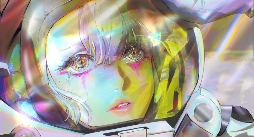 1boy 1girl absurdres bojiang chromatic_aberration coat covering_face crying crying_with_eyes_open cyberpunk_(series) cyberpunk_edgerunners david_martinez floating hand_up helmet highres light_rays lucy_(cyberpunk) on_moon parted_lips pink_lips procreate_(medium) reflection scene_reference solo_focus space_helmet spacesuit spoilers teardrop teardrop_facial_mark tears tears_from_one_eye white_hair yellow_coat yellow_eyes