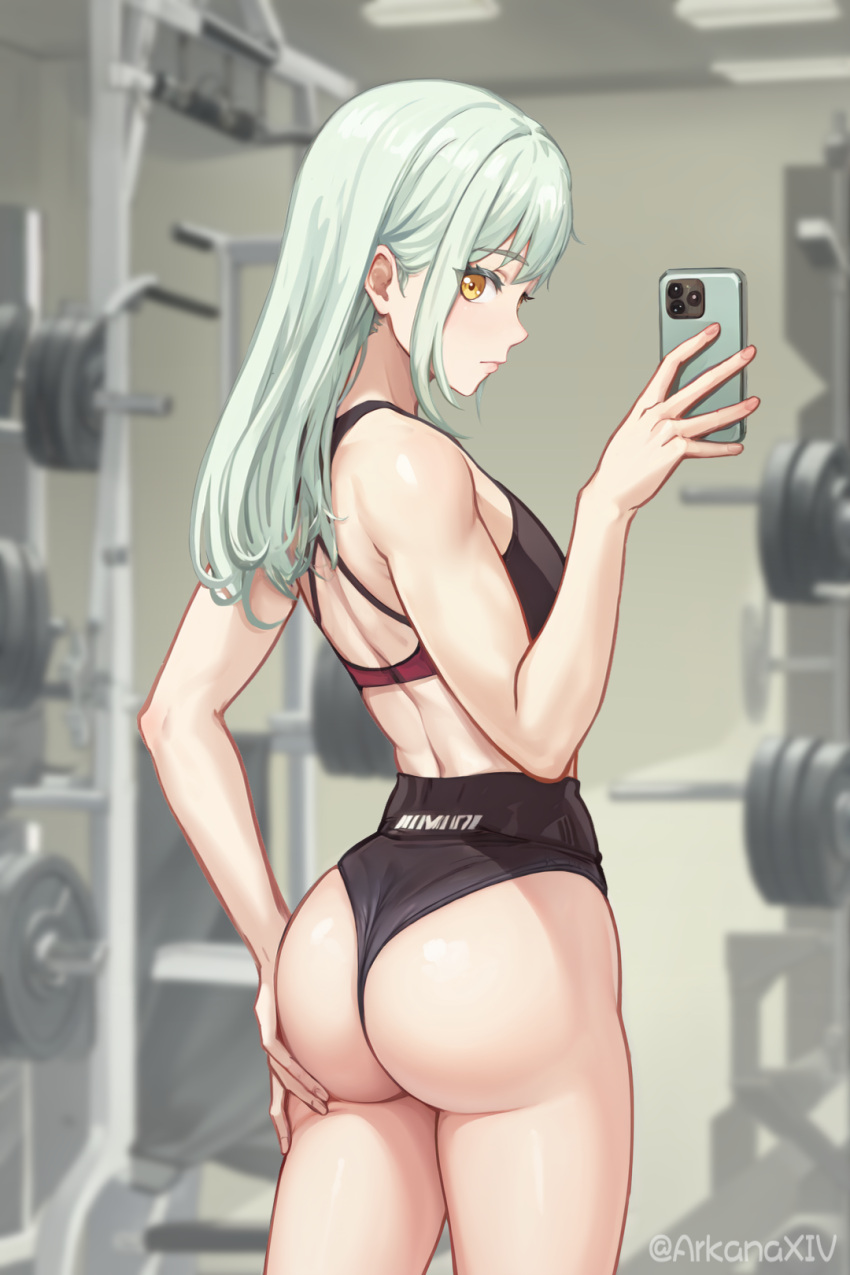 1girl ass bang_dream! bang_dream!_it's_mygo!!!!! bare_arms black_shorts black_sports_bra cellphone chinese_commentary closed_mouth commentary_request cowboy_shot da_akana_xiv expressionless from_behind green_hair gym highres holding holding_phone long_hair looking_at_viewer phone selfie short_shorts shorts smartphone solo sports_bra taking_picture twitter_username wakaba_mutsumi yellow_eyes