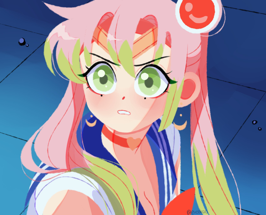 1girl bangs bishoujo_senshi_sailor_moon blue_sailor_collar blue_skirt blush bow breasts choker circlet cleavage collarbone cosplay crescent crescent_earrings derivative_work earrings elbow_gloves eveekoo gloves gradient_hair green_eyes green_hair hair_over_shoulder heart heart_choker highres jewelry kanroji_mitsuri kimetsu_no_yaiba long_hair looking_at_viewer magical_girl meme mole mole_under_eye multicolored_hair pink_hair red_bow red_choker sailor_collar sailor_moon sailor_moon_(cosplay) sailor_moon_redraw_challenge sailor_senshi sailor_senshi_uniform screencap_redraw skirt solo tsuki_ni_kawatte_oshioki_yo twintails upper_body white_gloves