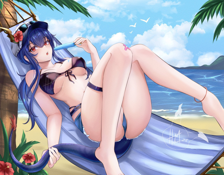1girl arknights bare_arms bare_shoulders barefoot baseball_cap bikini black_bikini blue_hair blue_shorts blue_sky ch'en_(arknights) ch'en_the_holungday_(arknights) cloud commentary day dragon_tail flower food hammock hat hat_flower highres holding holding_food holding_popsicle hollow_mimikyu knees_up long_hair looking_at_viewer open_mouth partially_visible_vulva popsicle red_eyes red_flower short_shorts shorts sky solo stomach swimsuit tail