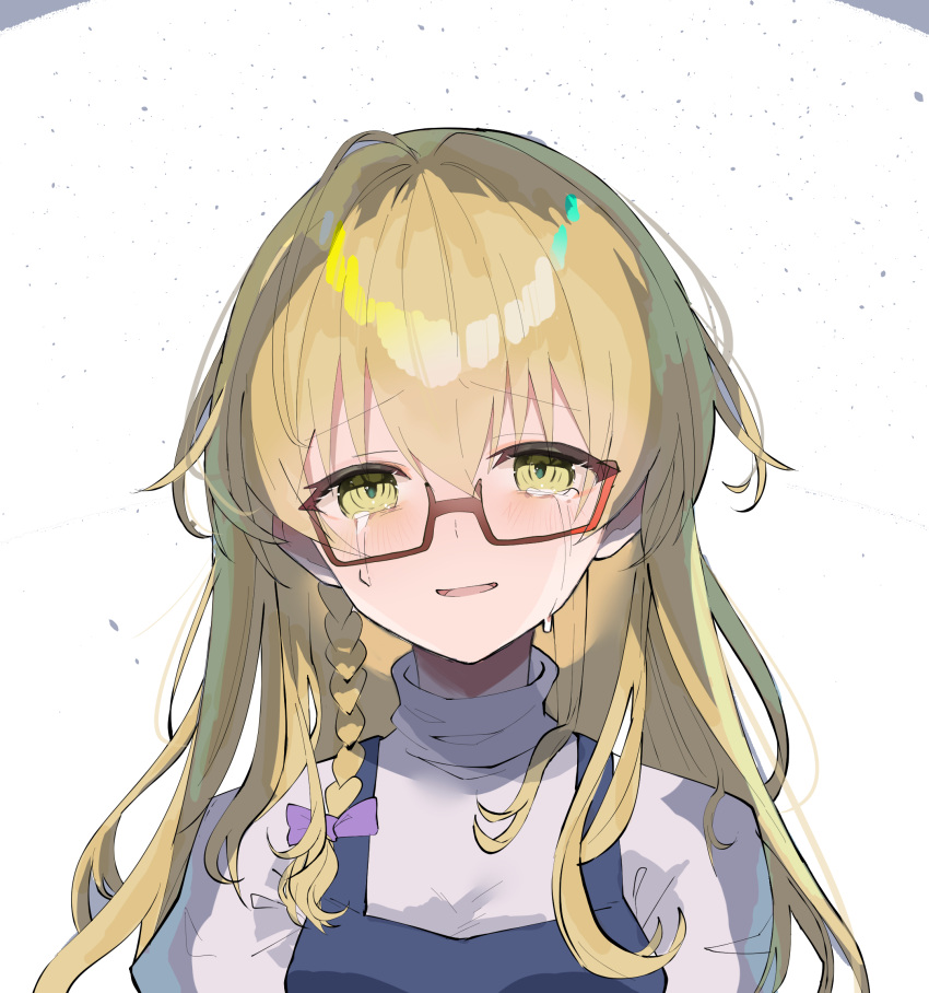 1girl black_vest blonde_hair blush bow braid commentary_request cookie_(touhou) crying crying_with_eyes_open glasses hair_bow highres kirisame_marisa long_hair looking_at_viewer no_headwear open_mouth purple_bow red-framed_eyewear semi-rimless_eyewear shirt side_braid single_braid smile solo tears tirano_tenchou touhou turtleneck under-rim_eyewear upper_body uzuki_(cookie) vest white_background white_shirt yellow_eyes