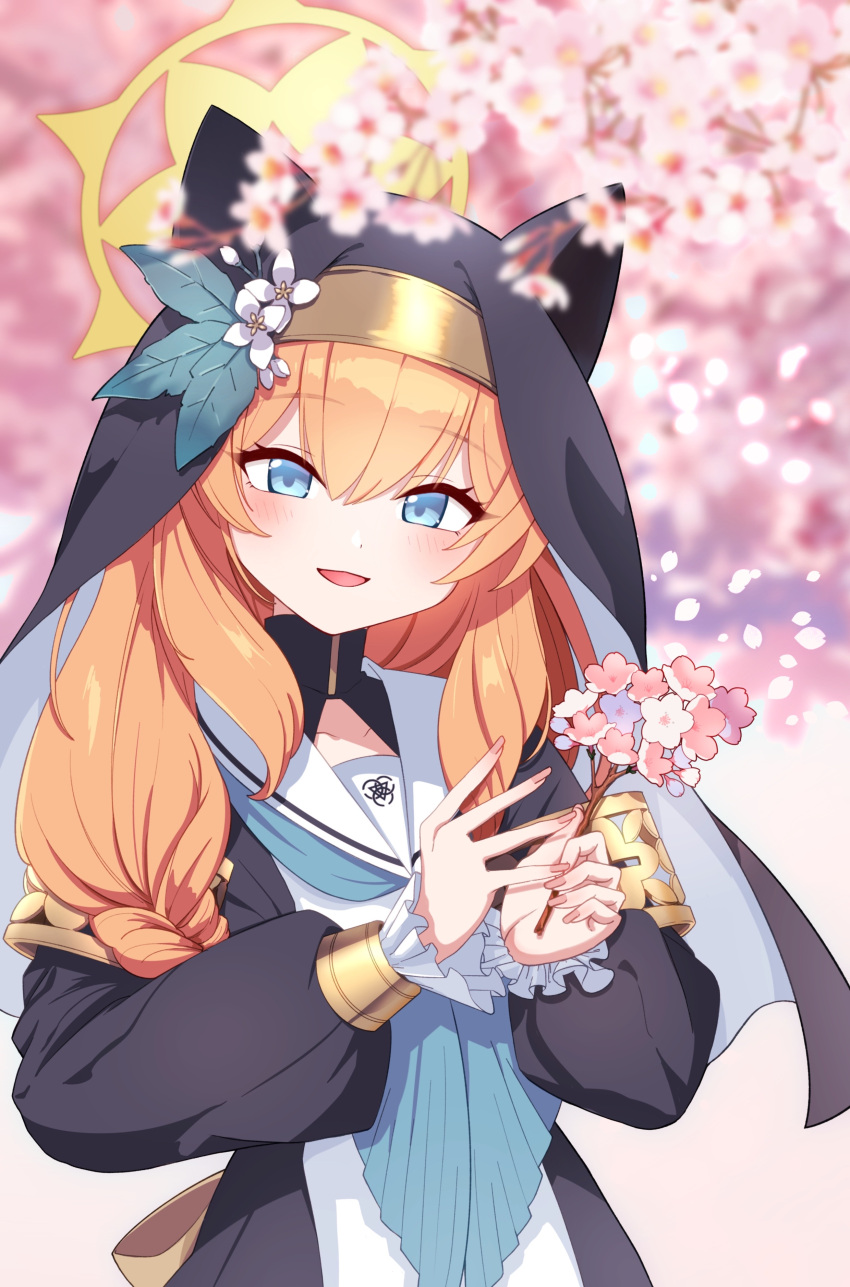 1girl :d absurdres animal_ears armlet blue_archive blue_eyes blue_neckerchief braid branch carrot_(jetcarrot) cat_ears cat_girl cherry_blossoms coif collarbone commentary_request dress flower habit hair_between_eyes hair_flower hair_ornament halo highres holding holding_branch long_hair long_sleeves looking_at_viewer mari_(blue_archive) neckerchief nun orange_hair sailor_collar sailor_dress sidelocks single_braid smile solo turtleneck white_sailor_collar