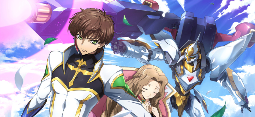 1boy 1girl arm_at_side artist_request blue_gloves blue_sky bodysuit brown_hair choker closed_eyes closed_mouth cloud code_geass code_geass:_lost_stories collarbone covered_collarbone day dutch_angle earpiece energy_gun falling_leaves firing game_cg glint gloves gold_trim green_eyes gun hair_intakes half_up_braid hands_up high_collar highres holding holding_gun holding_weapon kururugi_suzaku lancelot_(code_geass) lancelot_conquista leaf light_particles light_rays long_hair looking_at_viewer midair non-web_source nunnally_vi_britannia official_art on_chair outdoors outstretched_arm own_hands_together protecting purple_choker raised_eyebrows serious short_hair sidelocks sitting sky standing sunlight u_u upper_body v-shaped_eyebrows weapon white_bodysuit