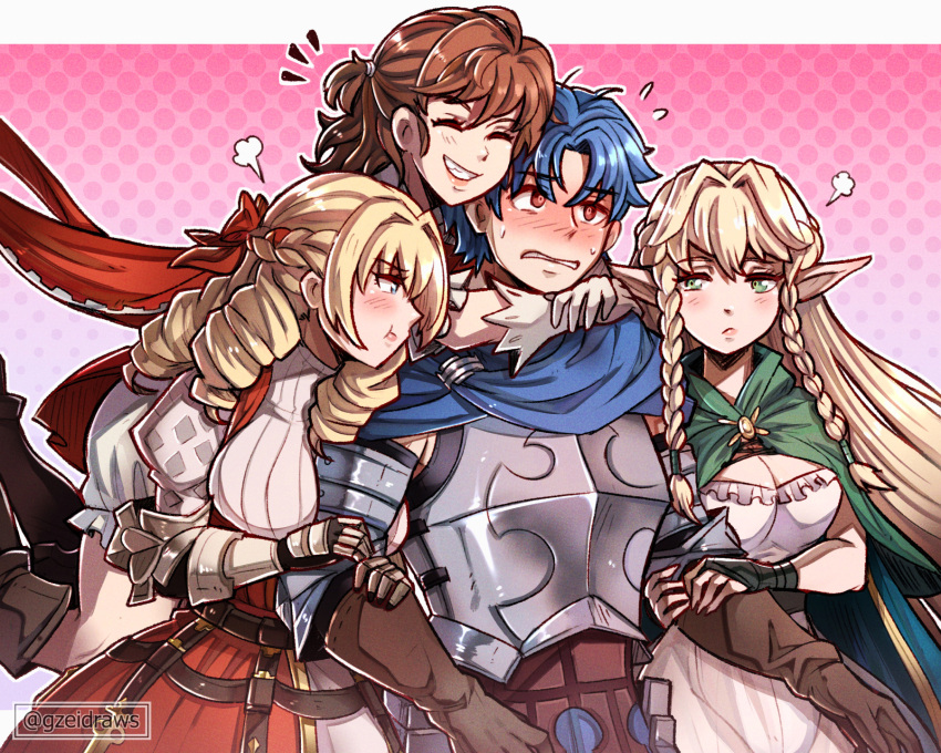 alain_(unicorn_overlord) arm_hug armor blonde_hair blue_eyes blush braid breasts brown_hair double_arm_hug elf eltolinde_(unicorn_overlord) gloves green_eyes gzei harem highres holding_another's_arm jealous long_hair looking_at_another melisandre_(unicorn_overlord) pointy_ears pout sandwiched scarlett_(unicorn_overlord) short_hair smile unicorn_overlord white_gloves
