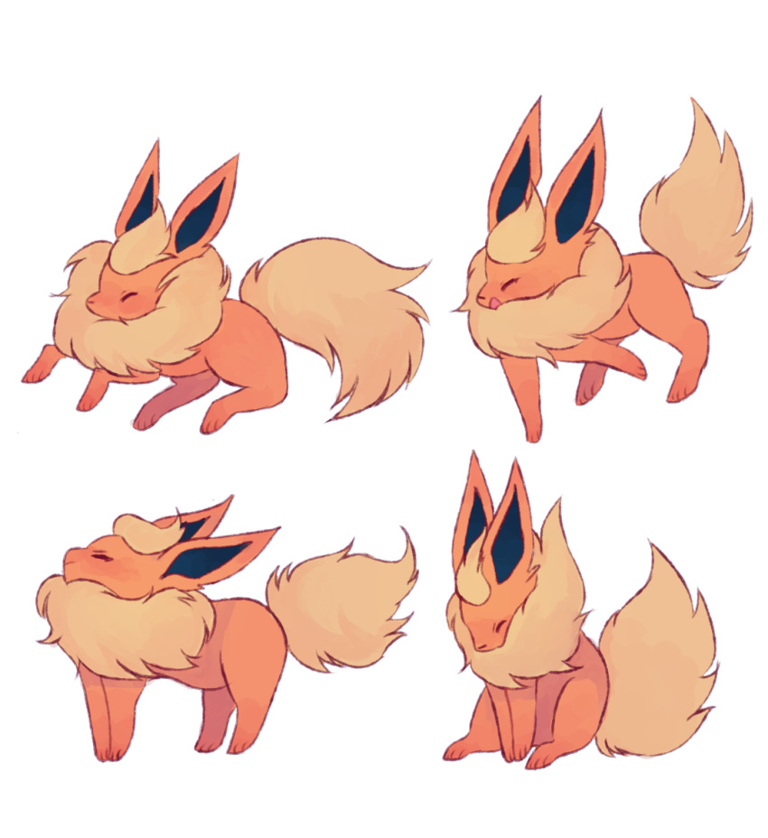 charamells closed_eyes commentary creature english_commentary flareon full_body gen_1_pokemon lying no_humans on_stomach pokemon pokemon_(creature) simple_background sitting standing white_background